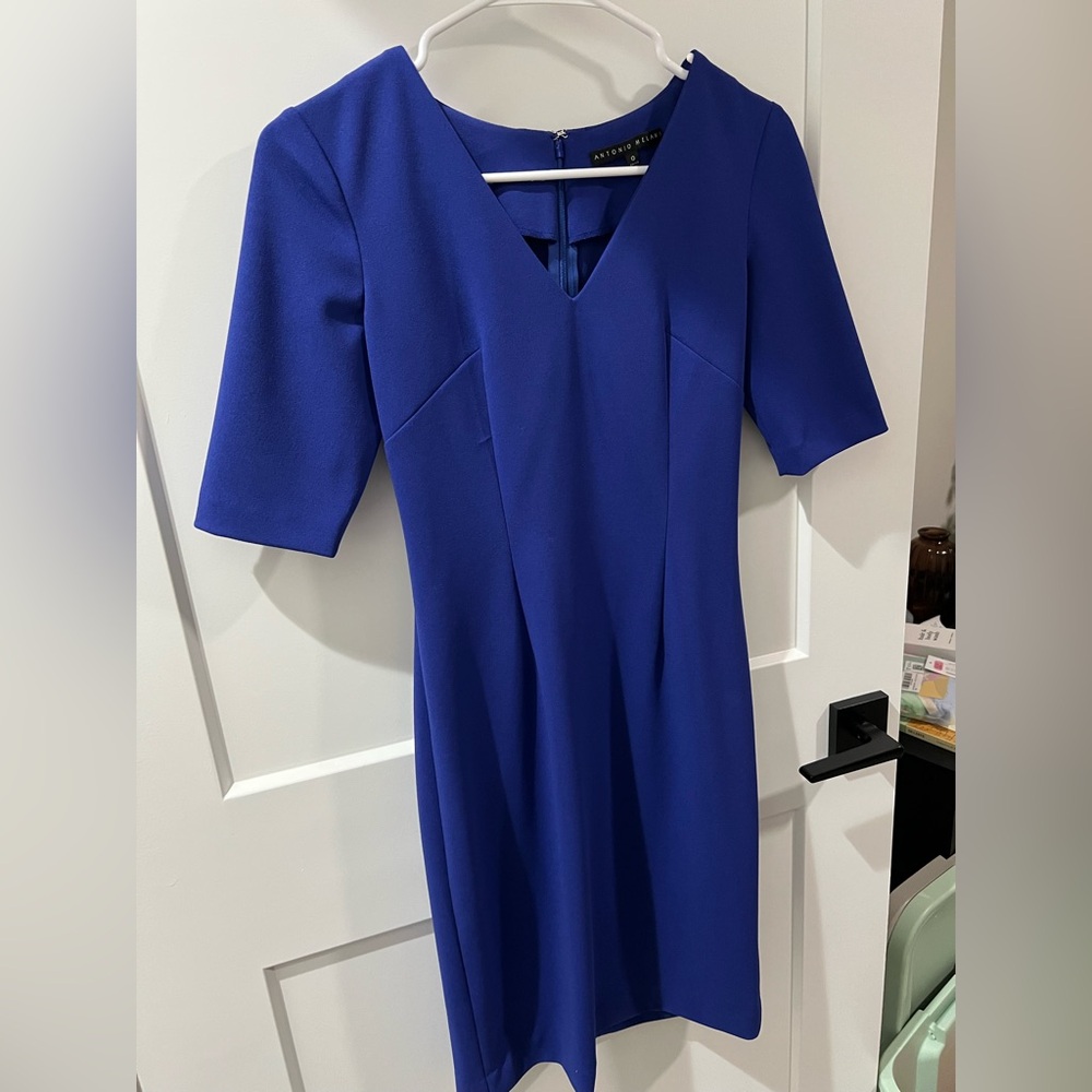 ANTONIO MELANI Blue Sheath Midi Dress V-Neck 3/4 Sleeve